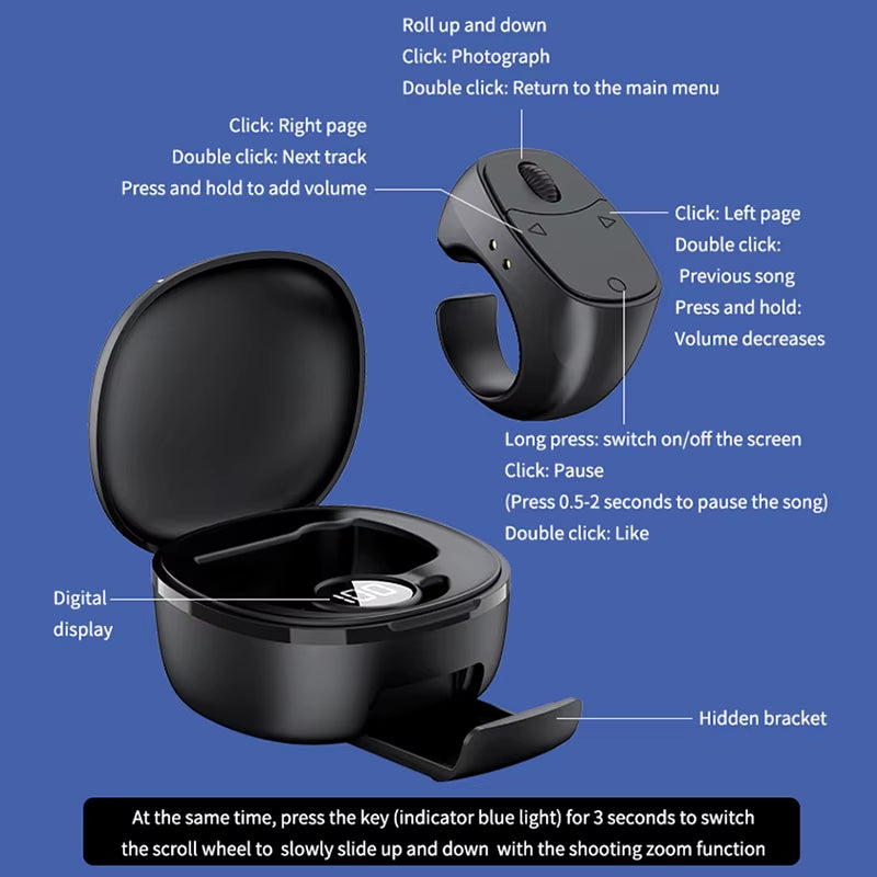 Remote Control Wireless Bluetooth Roller Fingertip Ring Portable Mobile Selfie Mice Video Automatic Page Turner Browsing Ring