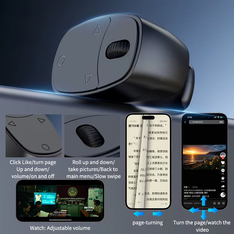 Remote Control Wireless Bluetooth Roller Fingertip Ring Portable Mobile Selfie Mice Video Automatic Page Turner Browsing Ring